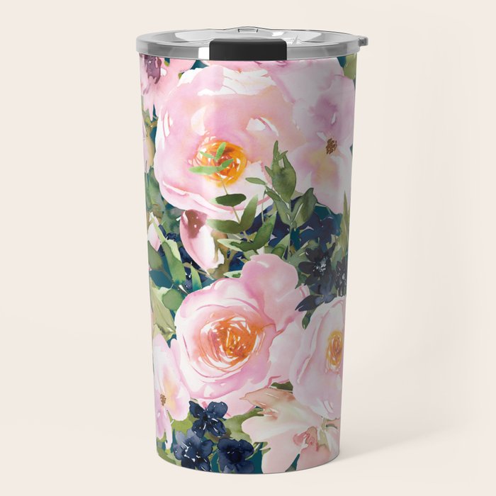 Floral Watercolor Rose Garden, Teal and Pink,  Vintage, Wall Art Boho Travel Mug Gallery Image 1