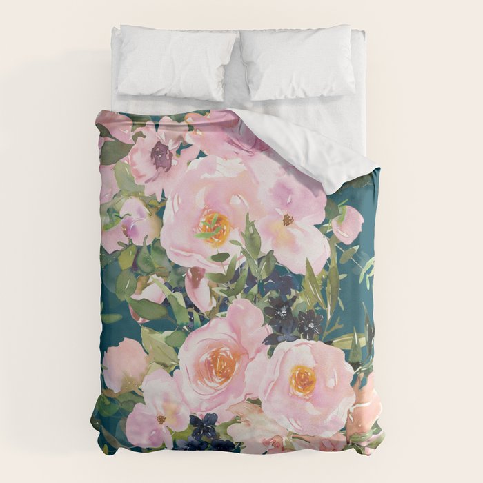 Floral Watercolor Rose Garden, Teal and Pink,  Vintage, Wall Art Boho Duvet Cover Gallery Image 1