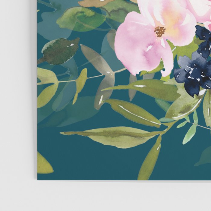Floral Watercolor Rose Garden, Teal and Pink,  Vintage, Wall Art Boho Poster Gallery Image 3