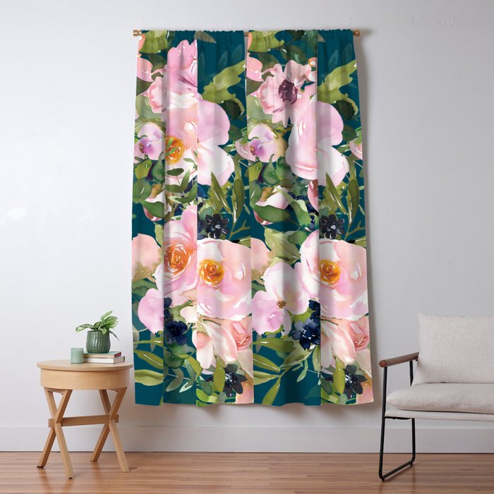 Floral Watercolor Rose Garden, Teal and Pink,  Vintage, Wall Art Boho Window Curtain Gallery Image 1
