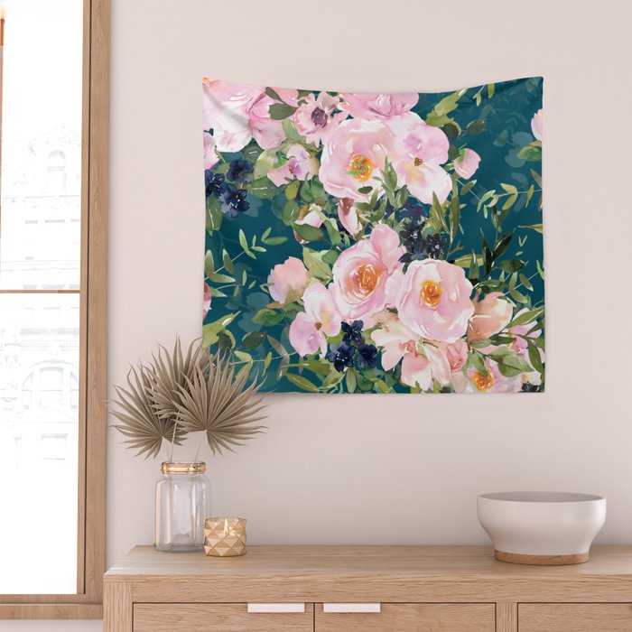 Floral Watercolor Rose Garden, Teal and Pink,  Vintage, Wall Art Boho Wall Tapestry Gallery Image 2