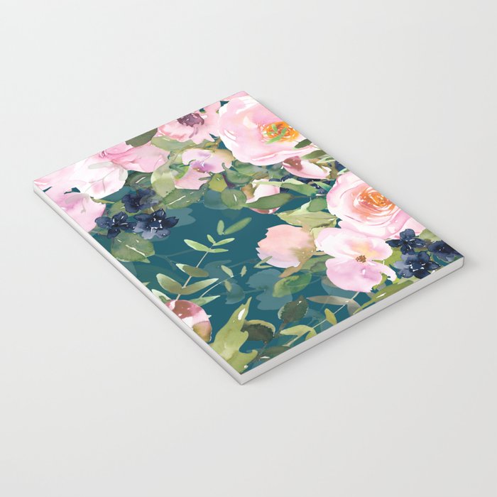 Floral Watercolor Rose Garden, Teal and Pink,  Vintage, Wall Art Boho Notebook Gallery Image 3