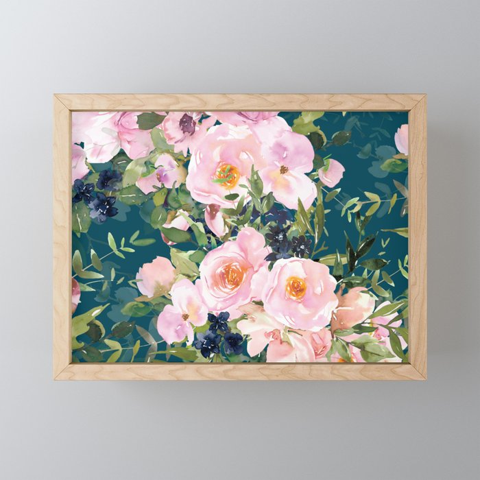 Floral Watercolor Rose Garden, Teal and Pink,  Vintage, Wall Art Boho Mini Art Print Gallery Image 1