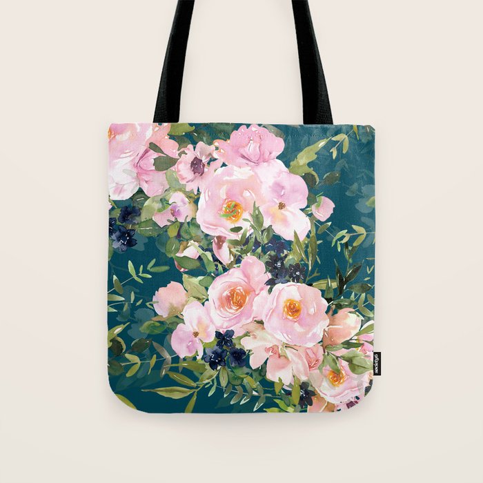 Floral Watercolor Rose Garden, Teal and Pink,  Vintage, Wall Art Boho Tote Bag Gallery Image 1