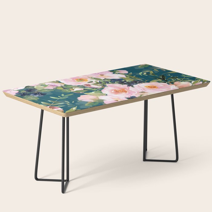 Floral Watercolor Rose Garden, Teal and Pink,  Vintage, Wall Art Boho Coffee Table Gallery Image 1