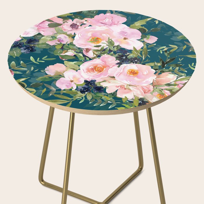 Floral Watercolor Rose Garden, Teal and Pink,  Vintage, Wall Art Boho Side Table Gallery Image 2