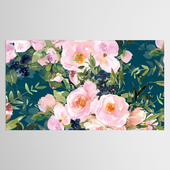 Floral Watercolor Rose Garden, Teal and Pink, Vintage, Wall Art Boho Tablecloth Gallery Image 2