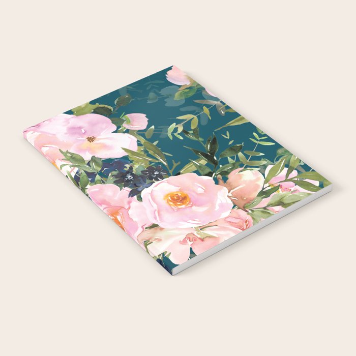 Floral Watercolor Rose Garden, Teal and Pink,  Vintage, Wall Art Boho Notebook Gallery Image 2
