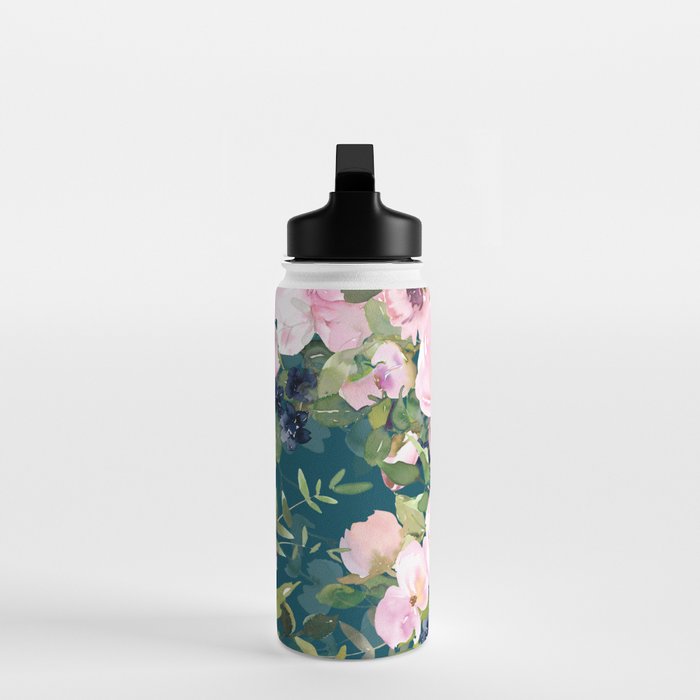 Floral Watercolor Rose Garden, Teal and Pink,  Vintage, Wall Art Boho Water Bottle Gallery Image 3