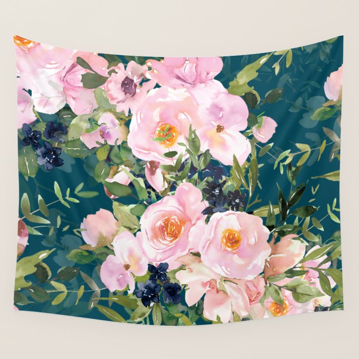 Floral Watercolor Rose Garden, Teal and Pink,  Vintage, Wall Art Boho Wall Tapestry Gallery Image 4