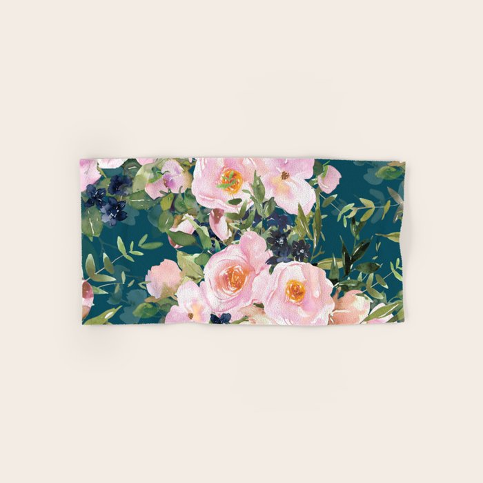Floral Watercolor Rose Garden, Teal and Pink,  Vintage, Wall Art Boho Bath Towel Gallery Image 1