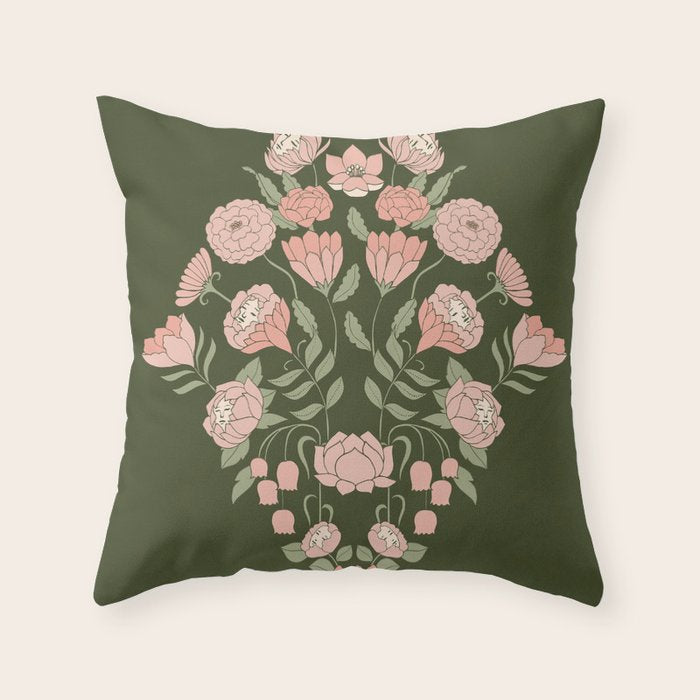 Mystery Garden Victorian Green Floral Faces Throw Pillow Gallery Image 6