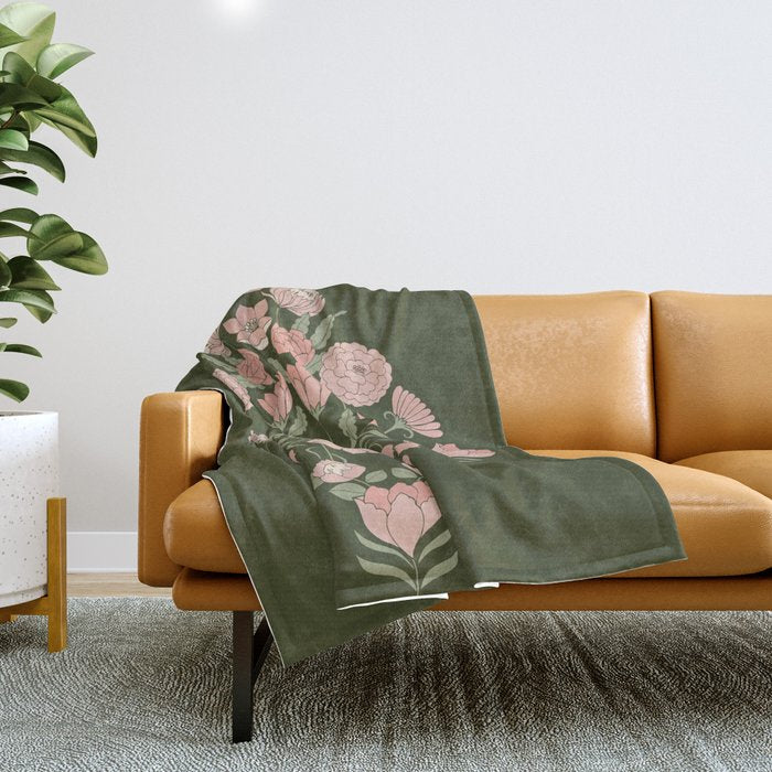 Mystery Garden Victorian Green Floral Faces Throw Blanket Gallery Image 1