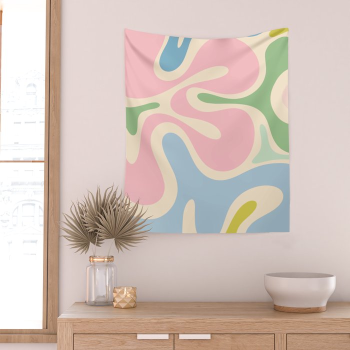 Smooth Contours Retro Modern Abstract Pattern Pastel Pink Blue Green Cream Wall Tapestry Gallery Image 2