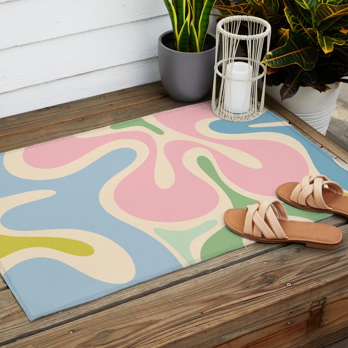Smooth Contours Retro Modern Abstract Pattern Pastel Pink Blue Green Cream Outdoor Rug Gallery Image 2