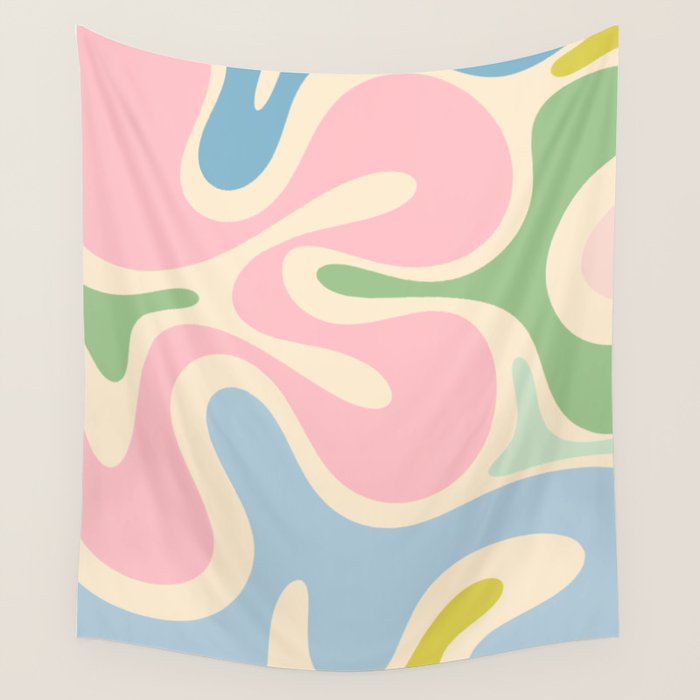 Smooth Contours Retro Modern Abstract Pattern Pastel Pink Blue Green Cream Wall Tapestry Gallery Image 1