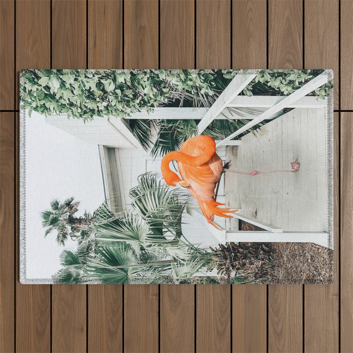 Flamingo Beach House, Wildlife Architecture Jungle Photography, Eclectic Birds Digital Art Outdoor Rug Gallery Image 1