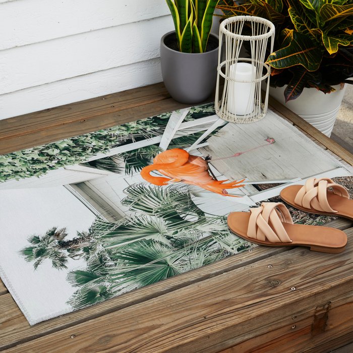Flamingo Beach House, Wildlife Architecture Jungle Photography, Eclectic Birds Digital Art Outdoor Rug Gallery Image 2