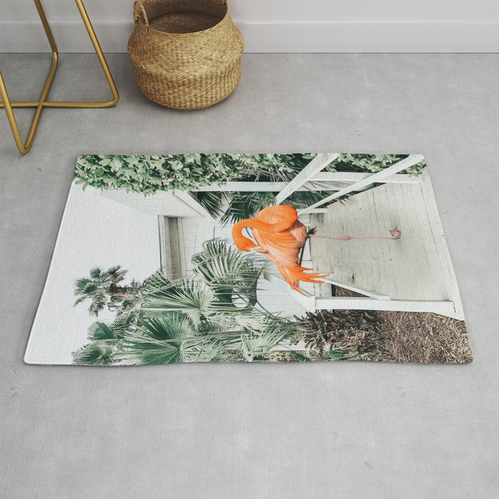 Flamingo Beach House, Wildlife Architecture Jungle Photography, Eclectic Birds Digital Art Rug Gallery Image 1