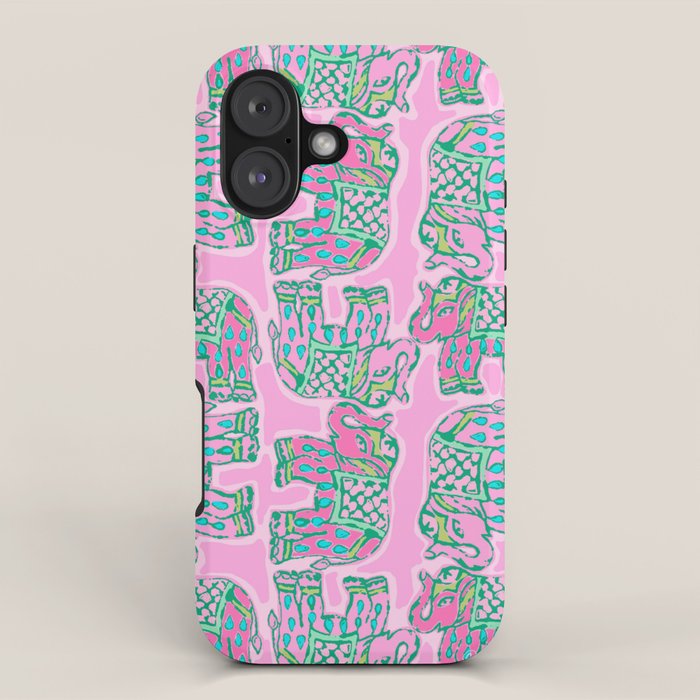 Elephant Block Print in Pink and Green iPhone Case Gallery Image 1