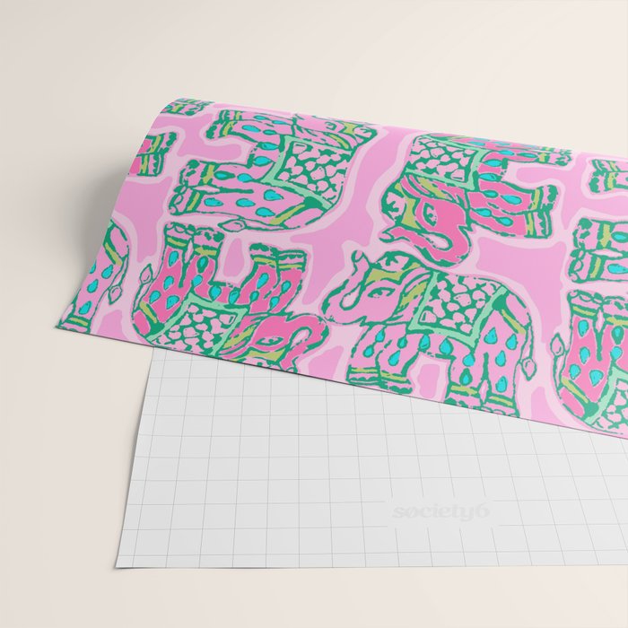 Elephant Block Print in Pink and Green Wrapping Paper Gallery Image 2