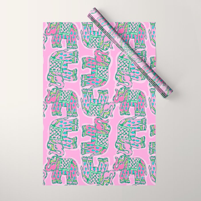 Elephant Block Print in Pink and Green Wrapping Paper Gallery Image 1