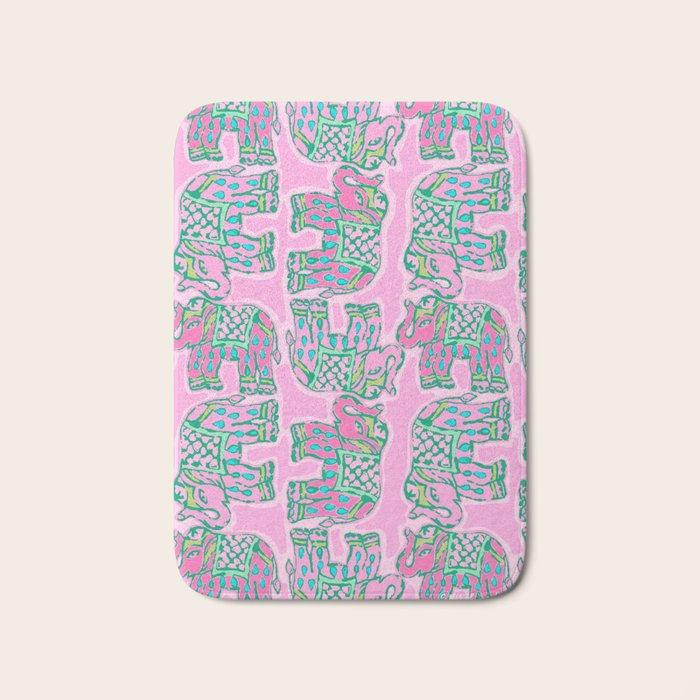 Elephant Block Print in Pink and Green Bath Mat Gallery Image 1