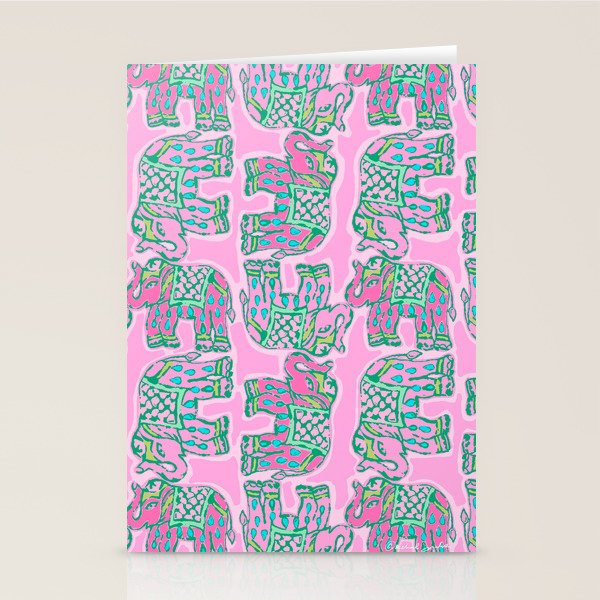 Elephant Block Print in Pink and Green Stationery Card Gallery Image 1