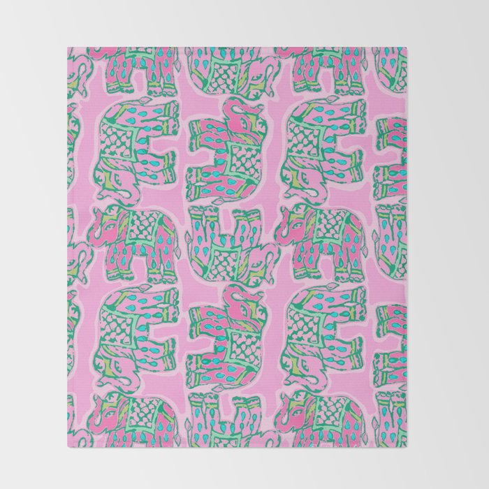 Elephant Block Print in Pink and Green Throw Blanket Gallery Image 2