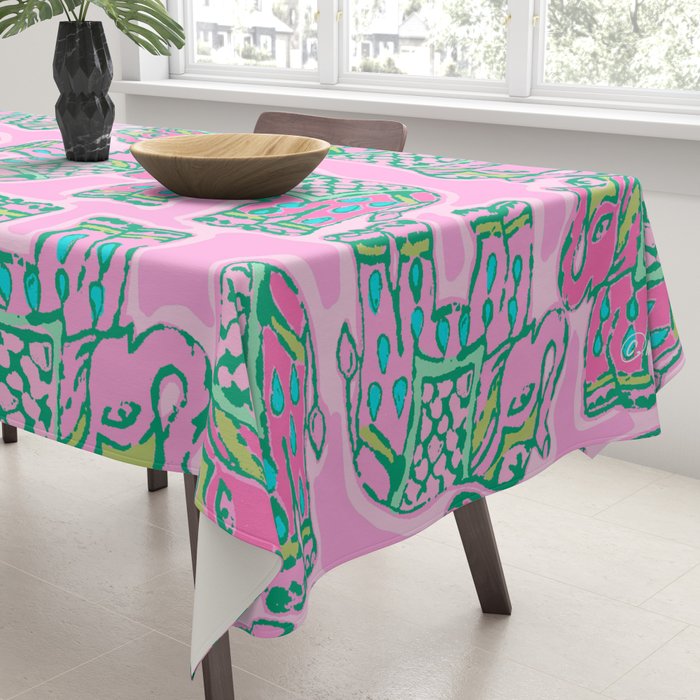 Elephant Block Print in Pink and Green Tablecloth Gallery Image 3