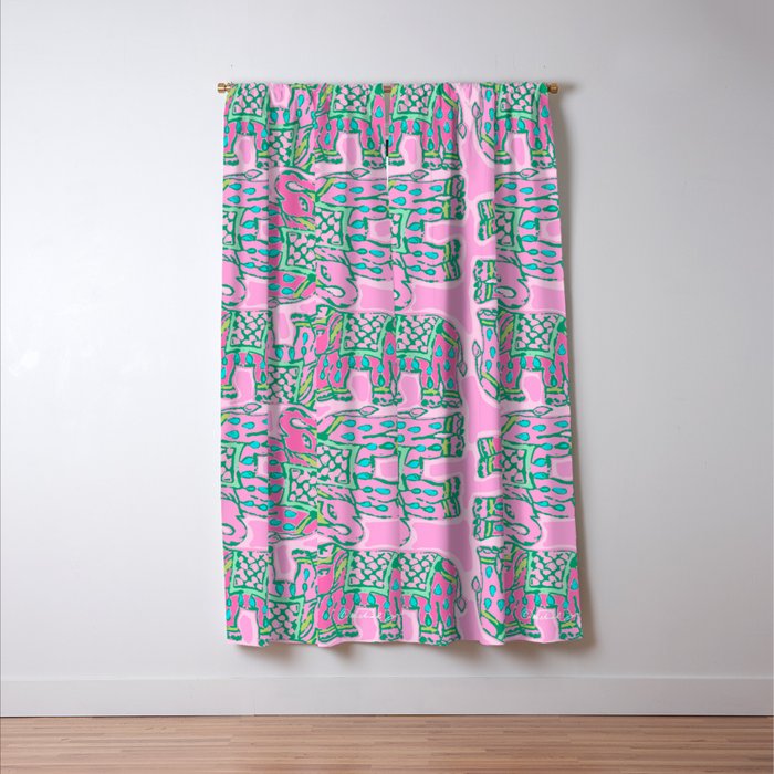 Elephant Block Print in Pink and Green Window Curtain Gallery Image 3