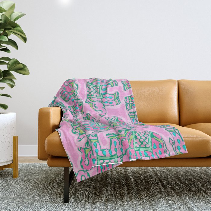 Elephant Block Print in Pink and Green Throw Blanket Gallery Image 1