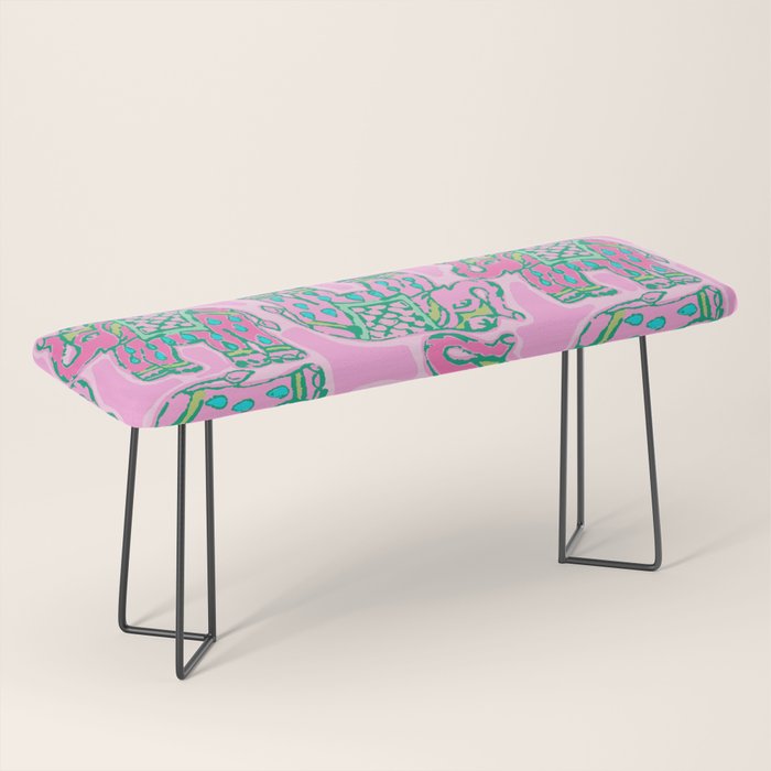 Elephant Block Print in Pink and Green Bench Gallery Image 1
