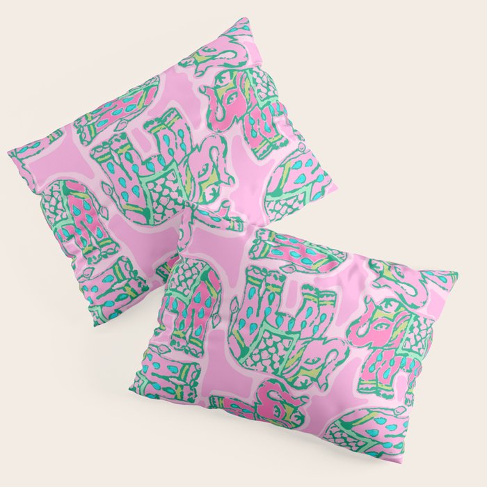 Elephant Block Print in Pink and Green Pillow Sham Gallery Image 3