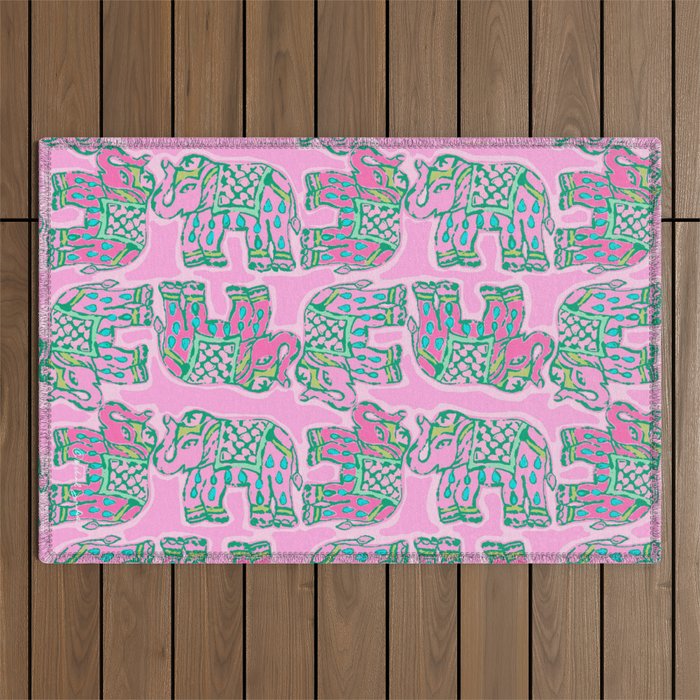 Elephant Block Print in Pink and Green Outdoor Rug Gallery Image 1
