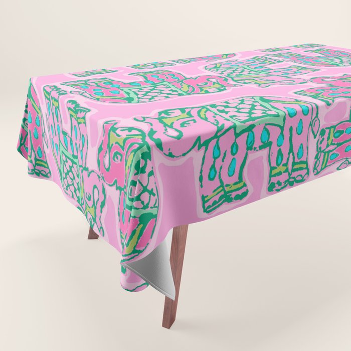 Elephant Block Print in Pink and Green Tablecloth Gallery Image 1