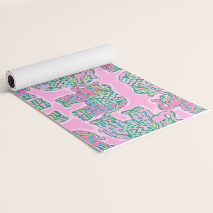 Elephant Block Print in Pink and Green Yoga Mat Gallery Image 2