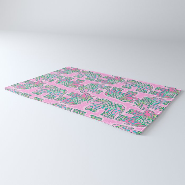 Elephant Block Print in Pink and Green Rug Gallery Image 3