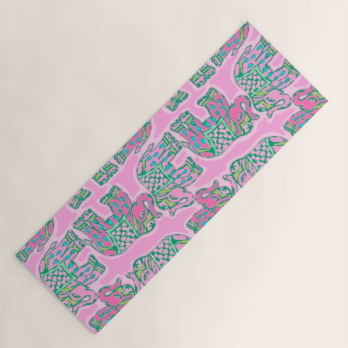 Elephant Block Print in Pink and Green Yoga Mat Gallery Image 1