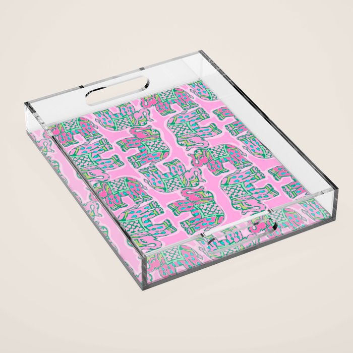 Elephant Block Print in Pink and Green Acrylic Tray Gallery Image 1