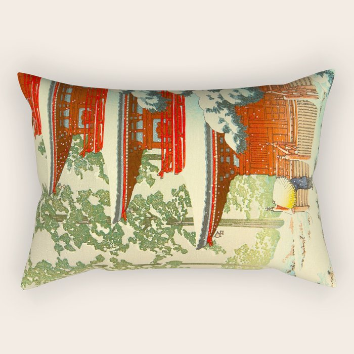 Vintage Japanese Woodblock Print Japanese Shinto Shrine Red Pagoda With Snow Capped Trees Rectangular Pillow Gallery Image 1