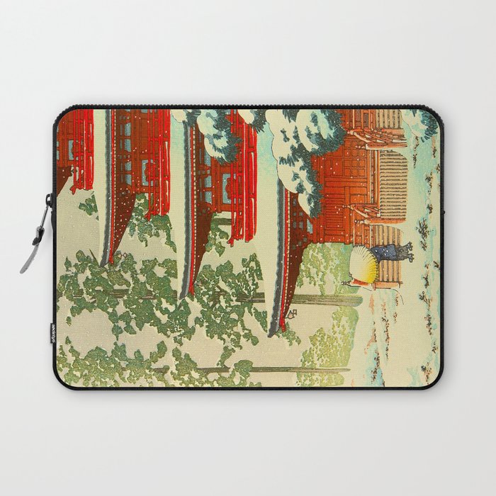 Vintage Japanese Woodblock Print Japanese Shinto Shrine Red Pagoda With Snow Capped Trees Laptop Sleeve Gallery Image 1