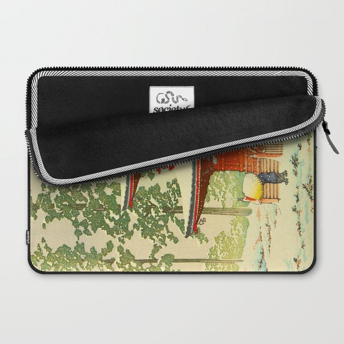 Vintage Japanese Woodblock Print Japanese Shinto Shrine Red Pagoda With Snow Capped Trees Laptop Sleeve Gallery Image 2