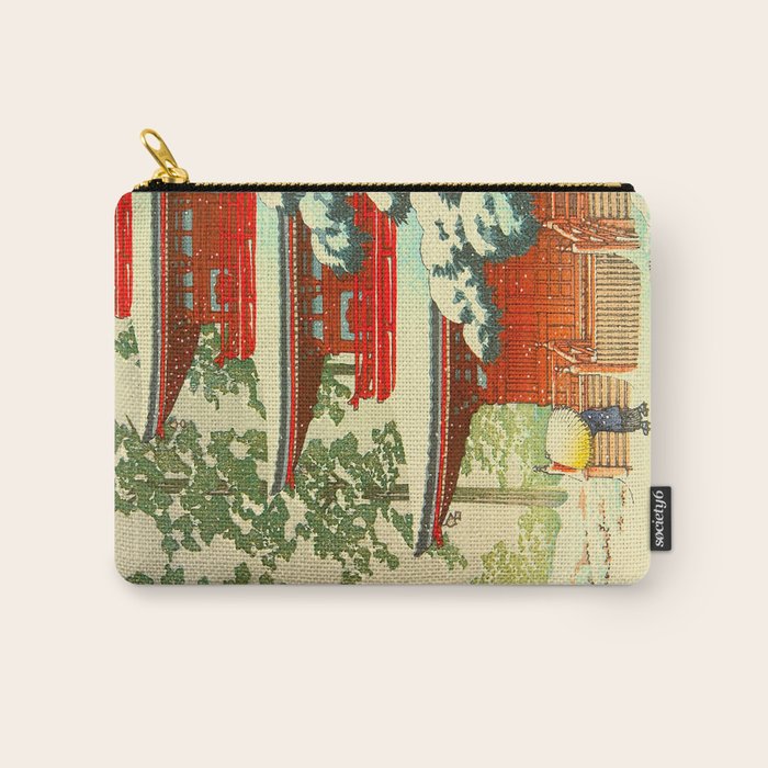 Vintage Japanese Woodblock Print Japanese Shinto Shrine Red Pagoda With Snow Capped Trees Carry All Pouch Gallery Image 1
