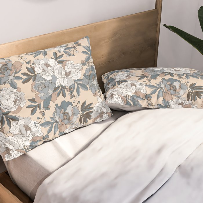 pattern lush blue, beige and white peonies Pillow Sham Gallery Image 2