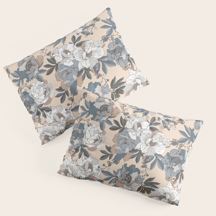 pattern lush blue, beige and white peonies Pillow Sham Gallery Image 1