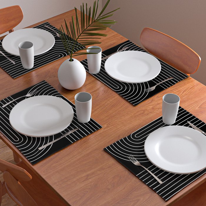 Minimal Line Curvature II Black and White Mid Century Modern Arch Abstract Placemat Gallery Image 2