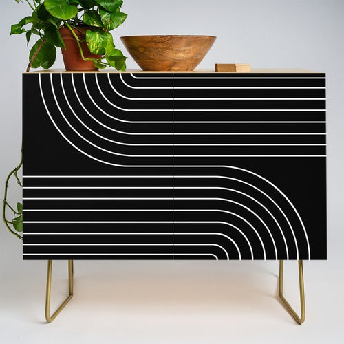 Minimal Line Curvature Ii Black And White Mid Century Modern Arch Abstract Credenza