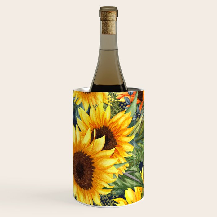 Festive, Sunflower, Yellow and Green on Navy Blue, Floral Prints Wine Chiller Gallery Image 1