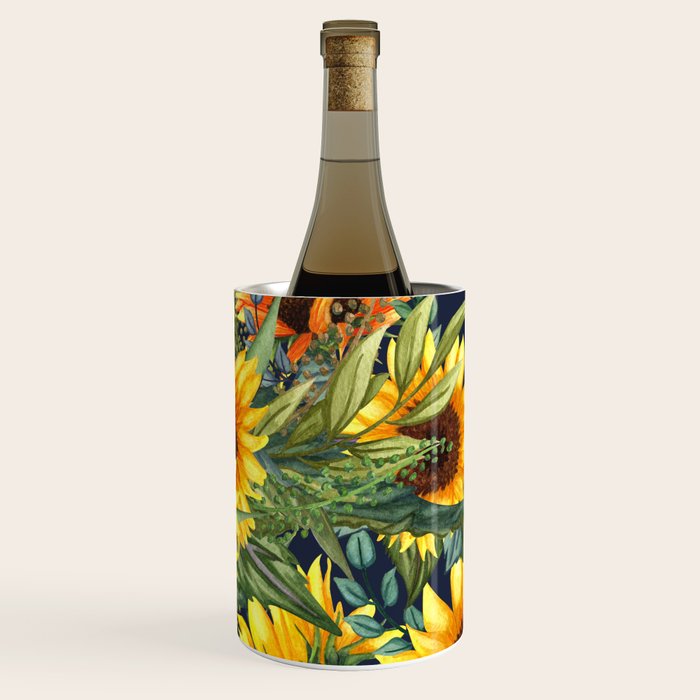 Festive, Sunflower, Yellow and Green on Navy Blue, Floral Prints Wine Chiller Gallery Image 3